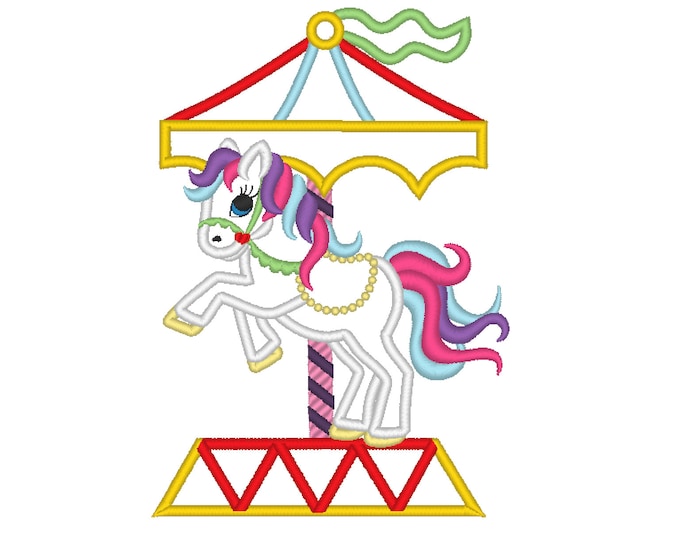 Little Carousel Horse Applique machine embroidery designs for hoop 5x7 and 6x10 kids baby carousel attraction Circus magic horse pony