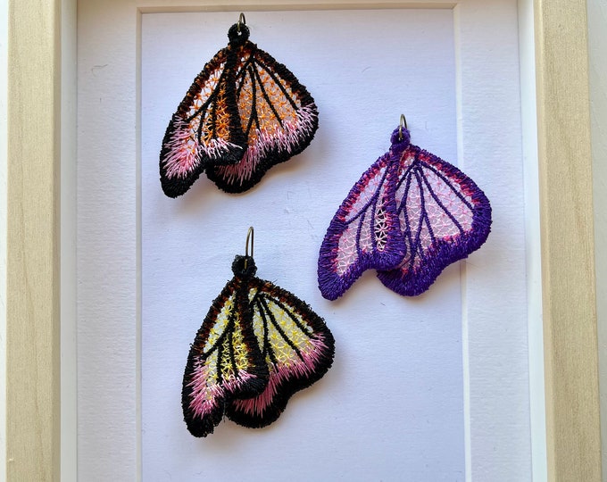Butterfly wings lace earrings charm pendant FSL freestanding lace machine embroidery designs kids girl cute small summer earrings ITH
