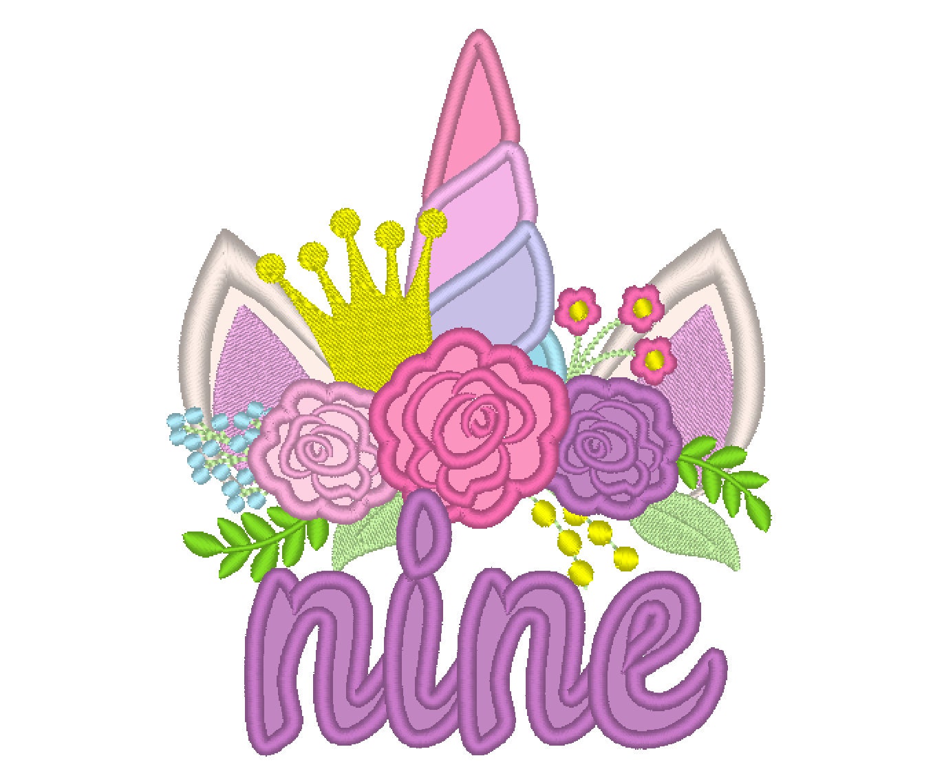 written number nine birthday unicorn princess with shabby chick roses
