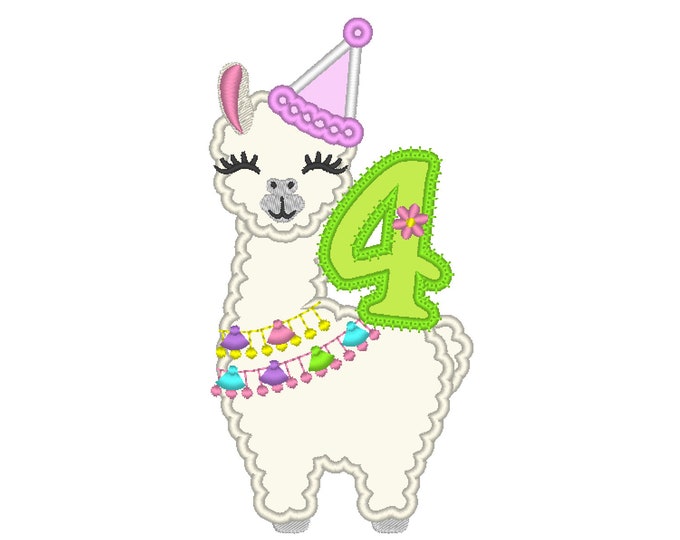 Number 4 FOUR birthday Llama alpaca Birthday hat outfit llama with number Applique Design lama machine embroidery designs 5x7 6x10