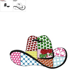 May include: A colourful patchwork cowboy hat with a black brim. The hat is made up of squares of different colours and patterns, including red, green, yellow, blue, and pink.
