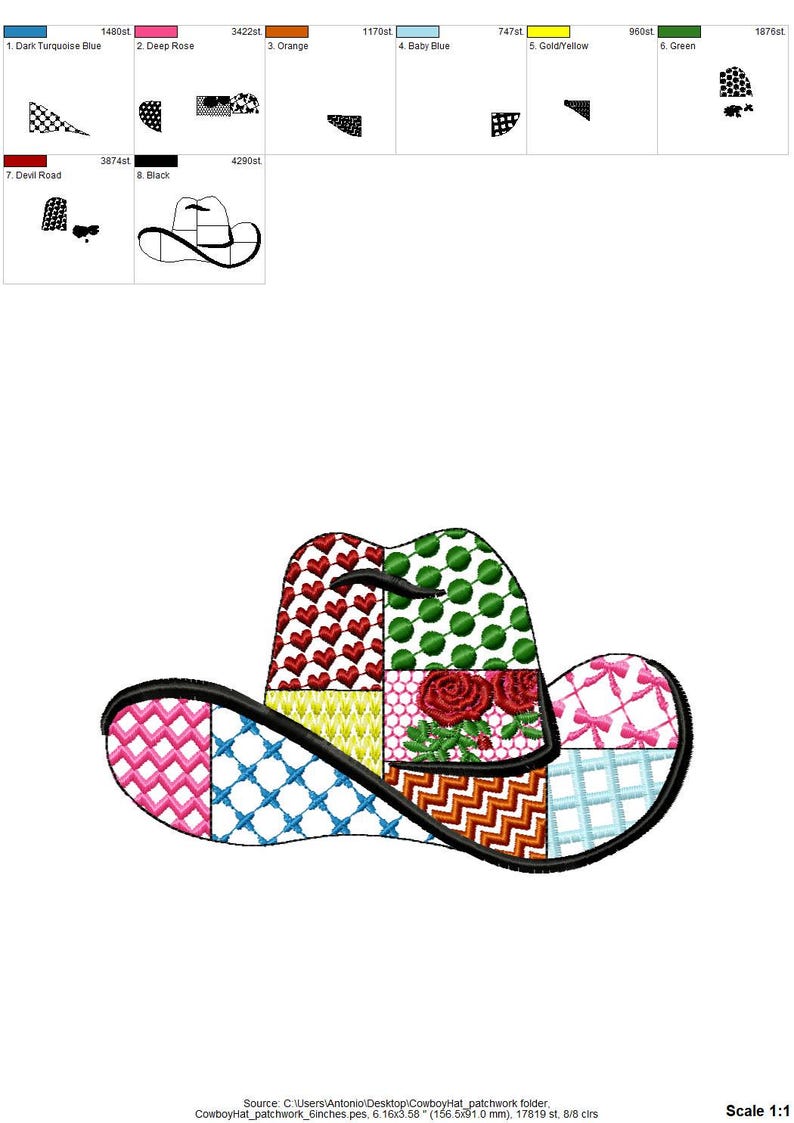 May include: A colourful patchwork cowboy hat with a black brim. The hat is made up of squares of different colours and patterns, including red, green, yellow, blue, and pink.