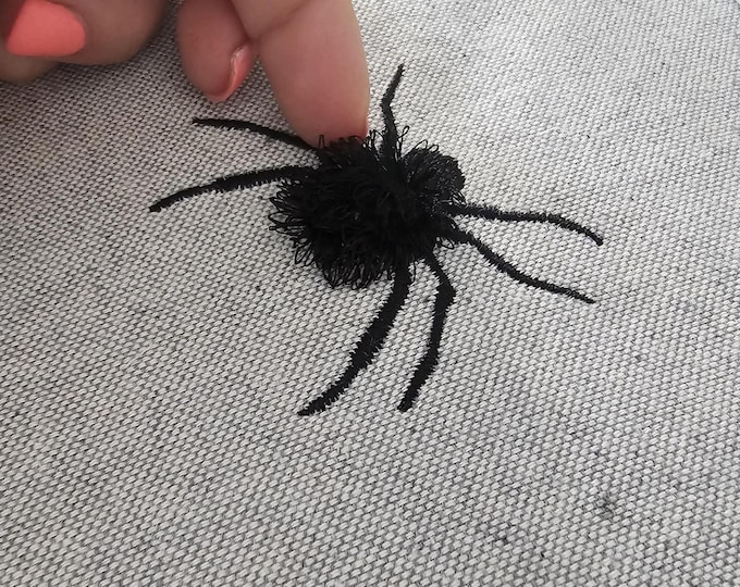 Fringed Spider fluffy fur chenille Halloween machine embroidery designs spooky scary Spider fun fall kids outfit sizes from 2 to 3.5 inch