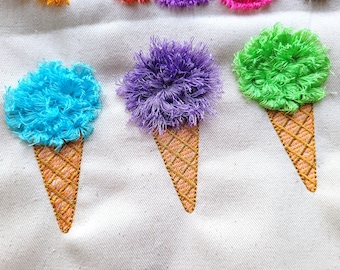 Ice cream mini waffle cone Fringed fluffy chenille ice cream one ball machine embroidery designs for hoop 4x4, 5x7 fringe fur ITH kids