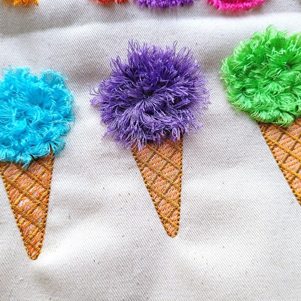 Ice cream mini waffle cone Fringed fluffy chenille ice cream one ball machine embroidery designs for hoop 4x4, 5x7 fringe fur ITH kids