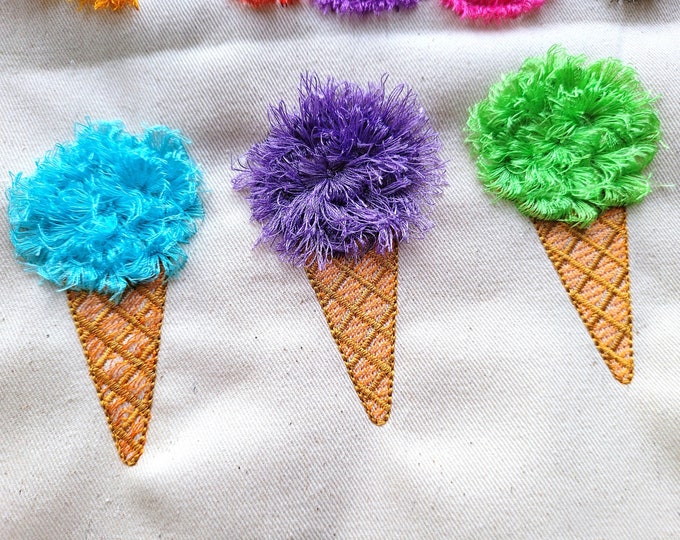 Ice cream mini waffle cone Fringed fluffy chenille ice cream one ball machine embroidery designs for hoop 4x4, 5x7 fringe fur ITH kids