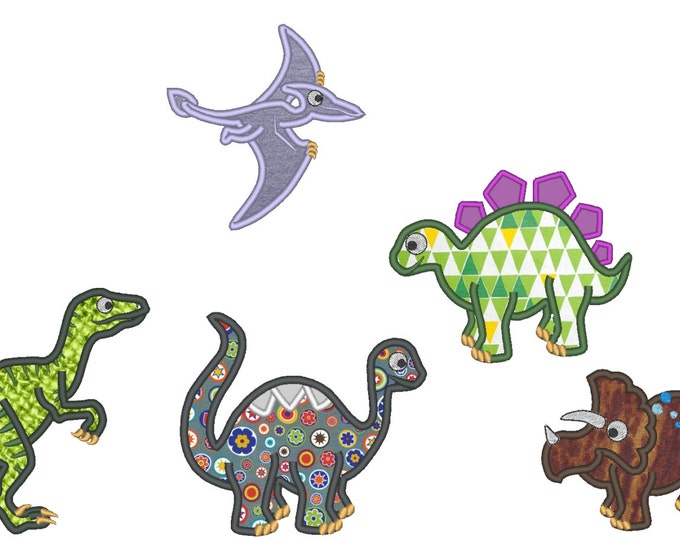 Single Dinosaurs 5 types applique designs in multiple sizes for hoop 4x4, 5x7 and 6x10 machine embroidery designs Dinosaur for kids boys