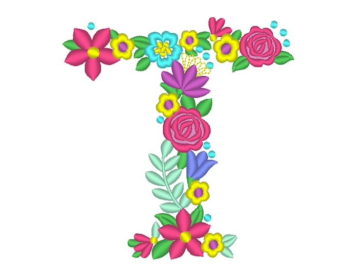 Floral letter T garden flag monogram liberty fashioned flowers flower Font machine embroidery designs monogram T only 4, 5, 6 and 8 in