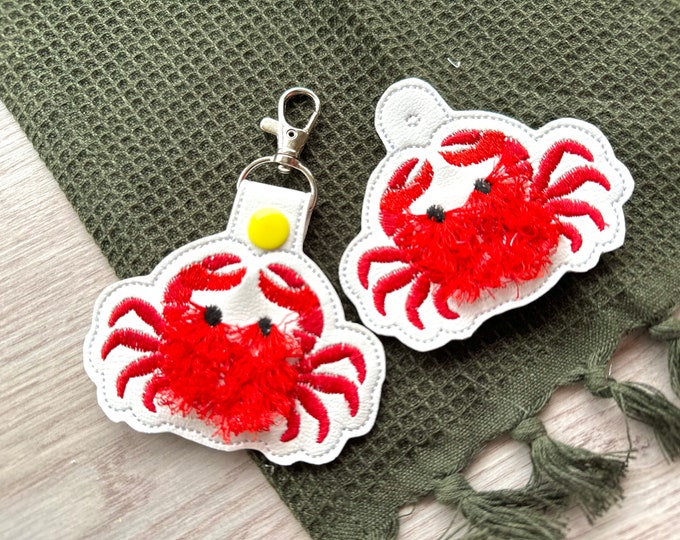 Fringed Crab Eyelet and Key Fob Snap Tab in the hoop machine embroidery designs ITH project key ring keychain fluffy fur summer crab beach