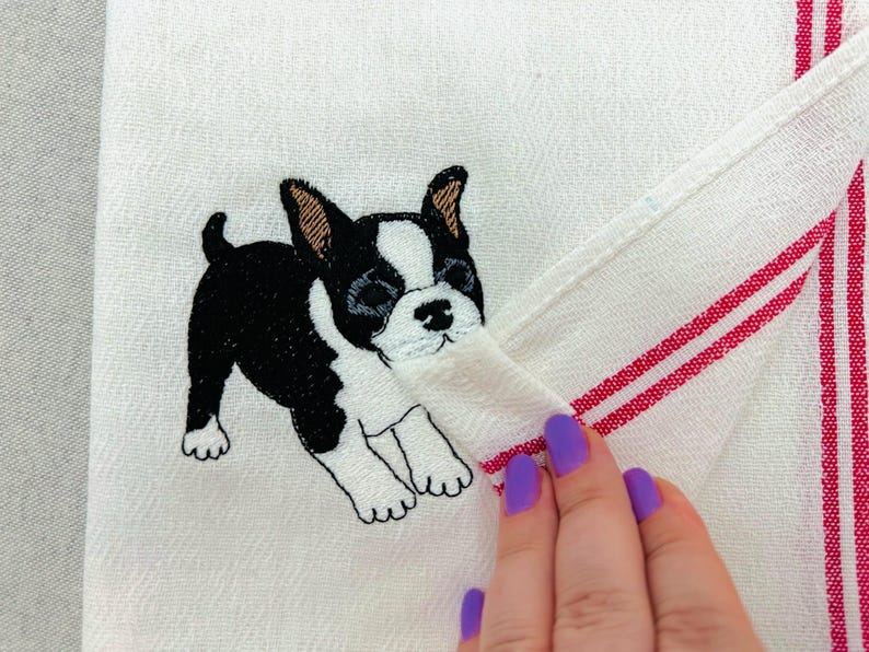 Playing Boston Terrier Puppy Dog Mama kitchen dish towel pet animal kids machine embroidery designs ITH project in the hoop French Bulldog image 2