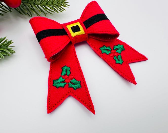 Christmas Santa Bow 3D dimensional machine embroidery designs felt feltie design simply in the hoop ITH project kids girls ornament hairclip
