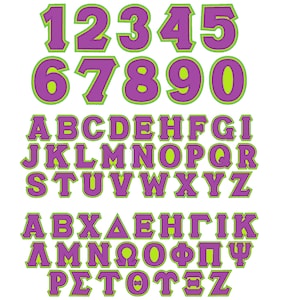 Alfabeto inglês e números com grego, 2 camadas, apliques de irmandades, designs de bordado, fonte dupla de dois passos, conjunto grande