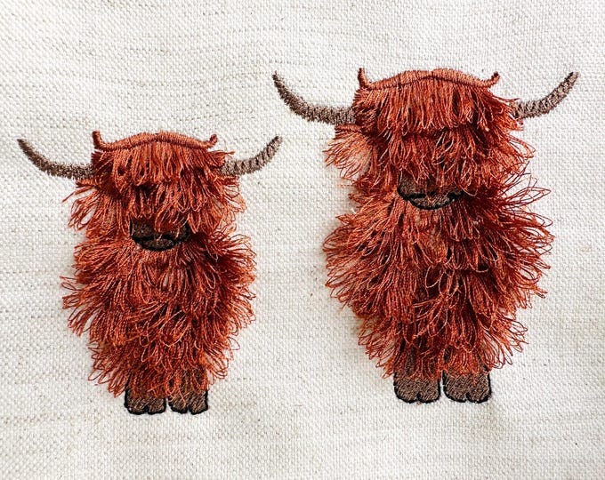 Longhorn Fringe Highland cattle Cow Scottish breed rustic cattle machine embroidery designs fluffy  chenille fringed embroidery in the hoop