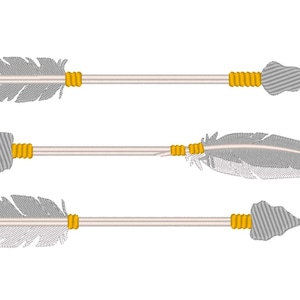 May include: Three arrows with gray feather and arrowhead designs. The arrow shafts are light beige, with yellow-gold binding at the feather and arrowhead ends. The background is plain white.