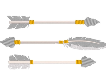 May include: Three arrows with gray feather and arrowhead designs. The arrow shafts are light beige, with yellow-gold binding at the feather and arrowhead ends. The background is plain white.