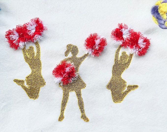 Glitter Cheerleader with fringed Pom Pom SET of 4 types machine embroidery designs single Sport Girl light stitch HTV glitter vinyl design