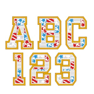 Patchwork Patriotic applique Font machine embroidery designs from 3 up to 6  Stars and Stripes Independence Day 4th July block font BX incl