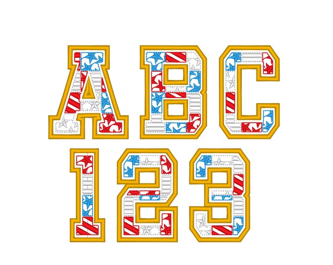 Patchwork Patriotic applique Font machine embroidery designs from 3 up to 6  Stars and Stripes Independence Day 4th July block font BX incl