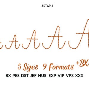 May include: Five different sizes of the letter "A" in a stitched font style. The letter is brown and is shown in nine different embroidery file formats. The text "5 Sizes 9 Formats +BX" is below the letters. The text "BX PES DST JEF HUS EXP VIP VP3 XXX" is below the previous text.