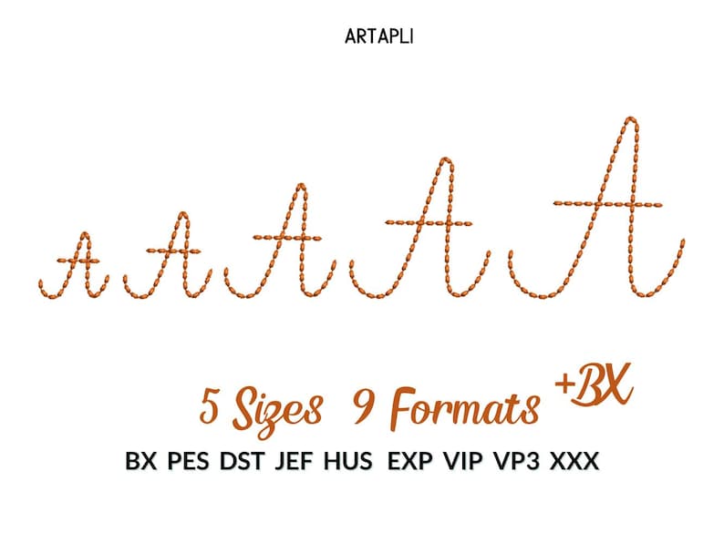 May include: Five different sizes of the letter "A" in a stitched font style. The letter is brown and is shown in nine different embroidery file formats. The text "5 Sizes 9 Formats +BX" is below the letters. The text "BX PES DST JEF HUS EXP VIP VP3 XXX" is below the previous text.