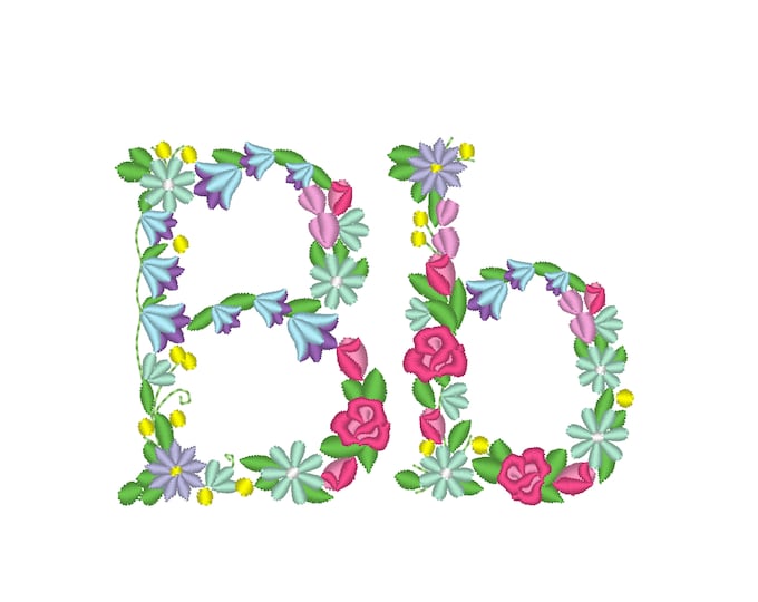 Meadow Bluebell Rose Floral letter B monogram flowers flower flowered machine embroidery designs 2, 3 and 4 inches