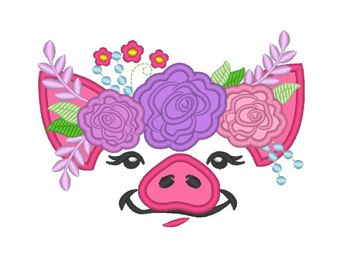 Pretty eyes Pig face with shabby chic rose crown Applique machine embroidery designs Piggie Piggy Piglet farm girl floral flower design