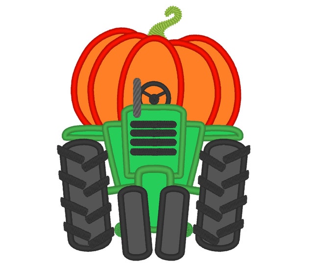 Happy fall Pumpkin tractor  front - machine embroidery design - assorted sizes, tractor applique embroidery design