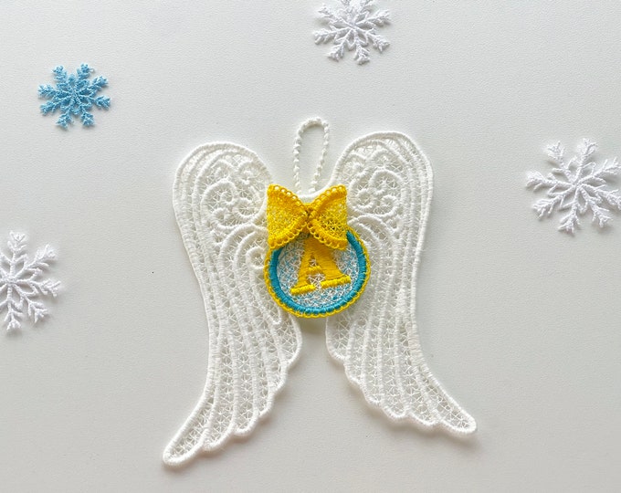Monogram A-Z Name Angel Wings FSL with Bow Hanger Full Set Freestanding Lace Wing Christmas Decoration Ornament machine embroidery designs