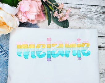 Rainbow Quick Sketch Fill Bean Stitch Font alphabet, light stitch machine embroidery designs assorted sizes, kids monogram colorful letters
