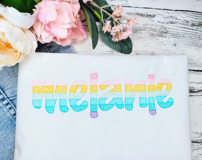 Rainbow Quick Sketch Fill Bean Stitch Font alphabet, light stitch machine embroidery designs assorted sizes, kids monogram colorful letters