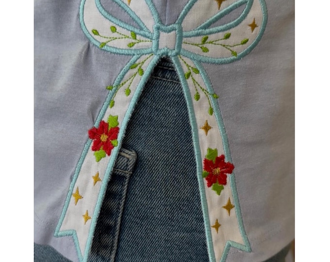 Christmas Festive Bow Applique machine embroidery designs floral thin narrow Poinsettia Flower ribbon Girly Bow many sizes from 4 to 8 inch