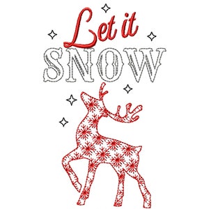 以下が含まれることがあります： 白い背景に、赤とアウトラインのテキストで「Let it Snow」というフレーズが表示されています。 雪の結晶模様で埋められた赤いトナカイのシルエットがテキストの下にあり、小さな星の形がデザインの周りに散らばっています。 このお祝いのデザインは、ホリデーデコレーションに最適です。