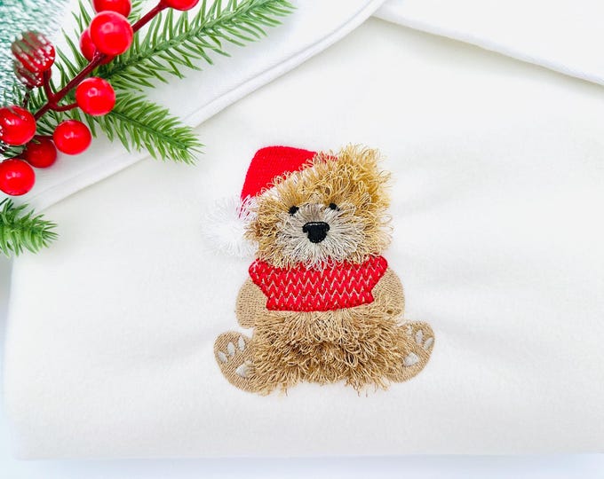 Fluffy Bear Dan with Santa Hat Knitted Sweater fringed chenille teddy bear small sizes machine embroidery designs Christmas animal kids boys