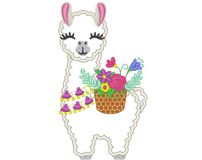 Floral Summer Tassels Llama, Fringed tassel necklace and floral basket, flowers bouquet Lama machine embroidery applique design