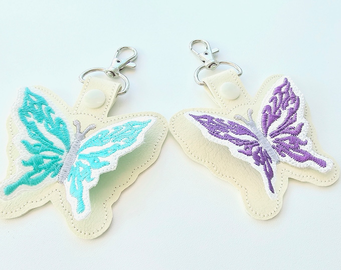 Butterfly 3D 3-dimensional key fob snap tab keychain in the hoop ITH project machine embroidery design gift bag tag butterfly wings