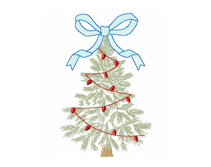 Vintage Baby bow Christmas tree Woodland Spruce Fir Tree and garland lights, light stitch outline machine embroidery designs 4, 5, 6, 7, 8in