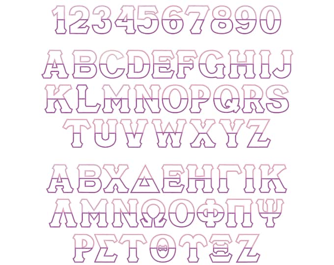 Split font English alphabet and numbers with Greek sororities whole alphabet classic satin applique BIG SET machine embroidery designs, BX!