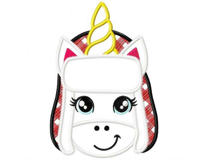 Gingham Tartan Bomber hat Christmas winter unicorn head applique machine embroidery designs Winter unicorn face
