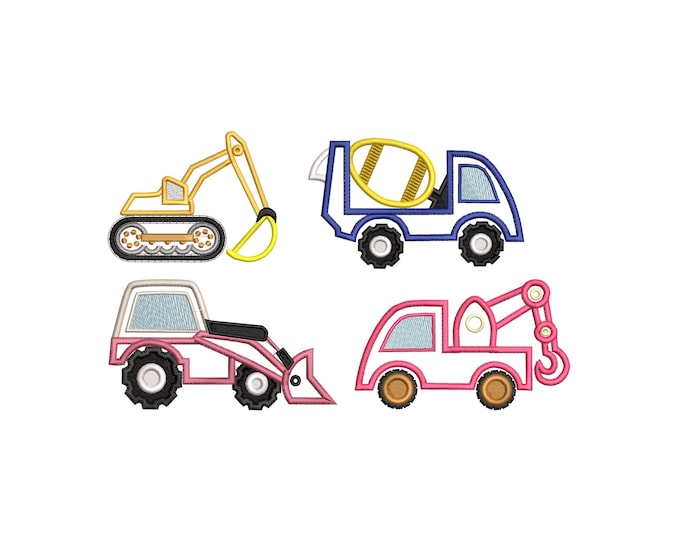 Construction Equipment SET of 4 vehicle Applique and fill stitch machine embroidery designs kids baby boys sizes for hoop 4x4 5x7 6x10