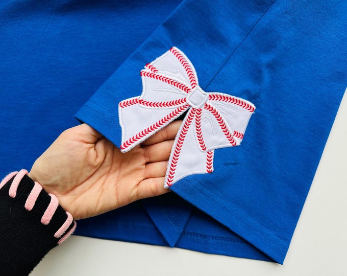 Baseball stitch Bow Applique side bow machine embroidery designs wide ribbon Sports Girly Bow   4 to 6 inches sweatshirt seam side bow