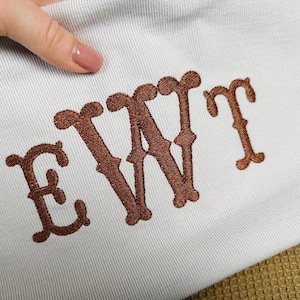 Puede incluir: Una tela azul claro con las letras bordadas "EWT" en una fuente marrón ornamentada. La tela está sujeta por una mano. El fondo es una superficie texturizada de color marrón dorado.