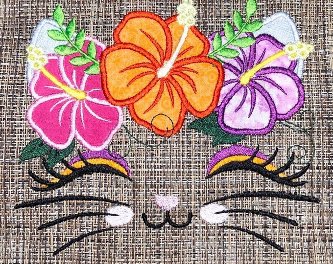 Classy Kitty face with hibiscus 3 flowers floral crown applique machine embroidery applique embroidery design cat head kitty