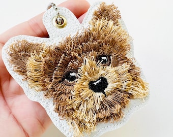 Dog Yorkie Puppy Key Fob Snap Tab and Eyelet keychain in the hoop machine embroidery designs ITH project fringed fluffy Yorkshire Terrier