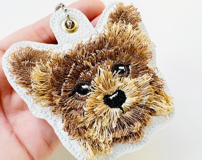 Dog Yorkie Puppy Key Fob Snap Tab and Eyelet keychain in the hoop machine embroidery designs ITH project fringed fluffy Yorkshire Terrier