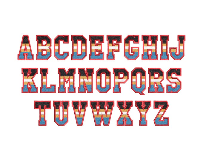 Sports Varsity Collegiate type FONT fill stitch and outline striped alphabet monogram letters machine embroidery designs sizes 1.7 to 3.2in