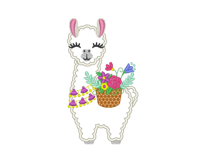 Floral Summer Llama Applique Fringed tassel necklace and floral basket flower bouquet Lama machine embroidery designs sizes 4 up to 10 inch