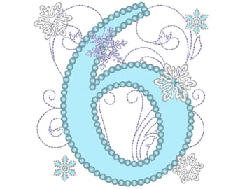 Frozen Swirls Birthday Number SIX 6 with wide pearl stitch snowflake machine embroidery applique design for hoops 4x4, 5x7 INSTANT DOWNLOAD