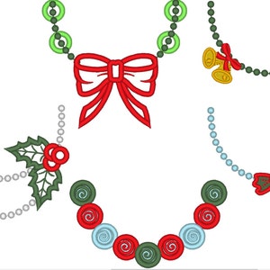 May include: Five different Christmas necklace designs. The first necklace is made of green beads with a red bow. The second necklace is made of white beads. The third necklace is made of green and blue beads with a red and green holly design. The fourth necklace is made of green beads with a red bow and gold bells. The fifth necklace is made of blue beads with a red and green candy cane design.