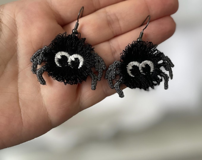 Fringed extra fluffy Spooky Spider earrings in the hoop ITH Halloween girls scare charm FSL freestanding lace machine embroidery designs