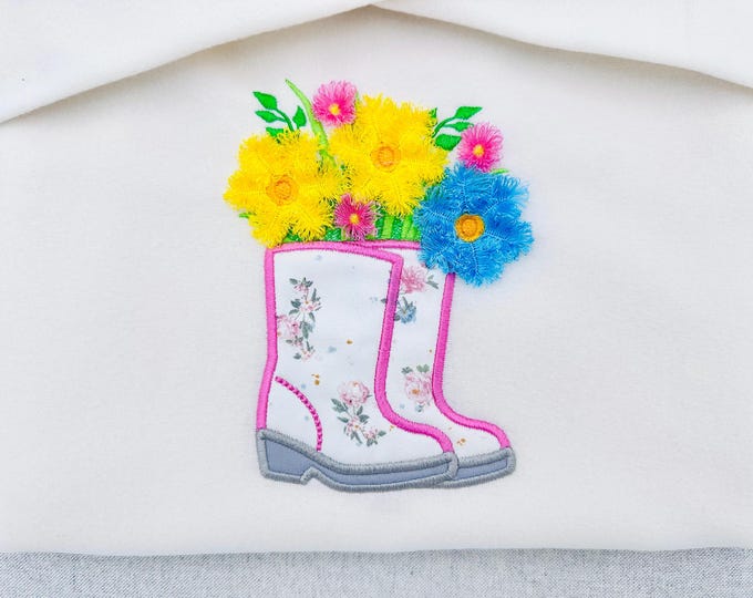 Farm Ranch Farming Farmer Boots with Floral Bouquet Fringed Fluffy Flower Applique girls garden machine embroidery designs assorted sizes